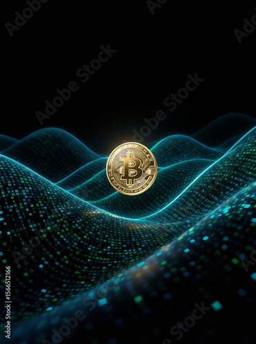 Golden Bitcoin coin floating above glowing digital waves, symbolizing cryptocurrency, blockchain technology, and futuristic innovation in a high-tech and abstract environment.