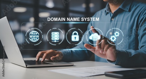 Man Using DNS System Interface on Touchscreen for Managing Domain Hosting, Cloud Storage, and Secure Server Access in a Modern IT Business Environment