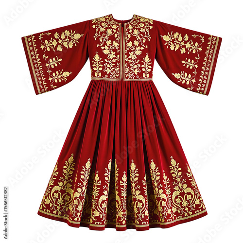 Elegant red velvet Russian sarafan dress adorned with golden embroidery gracefully showcased on a clean white backdrop photo