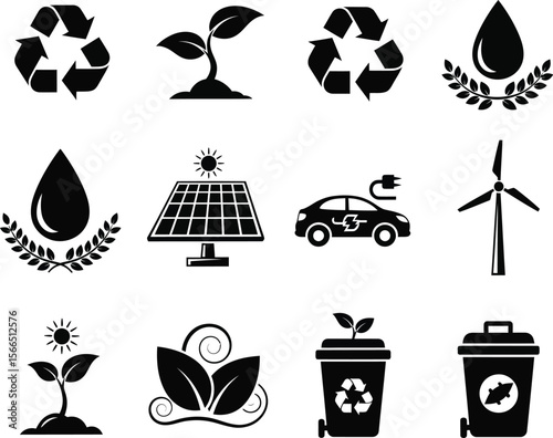 Collection of eco friendly and green energy icons for sustainability and environmental protection