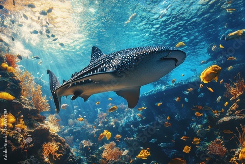 Whale shark swims in the ocean with small fish and colorful coral reefs. Perfect for ocean life, scuba diving, and conservation awareness projects.