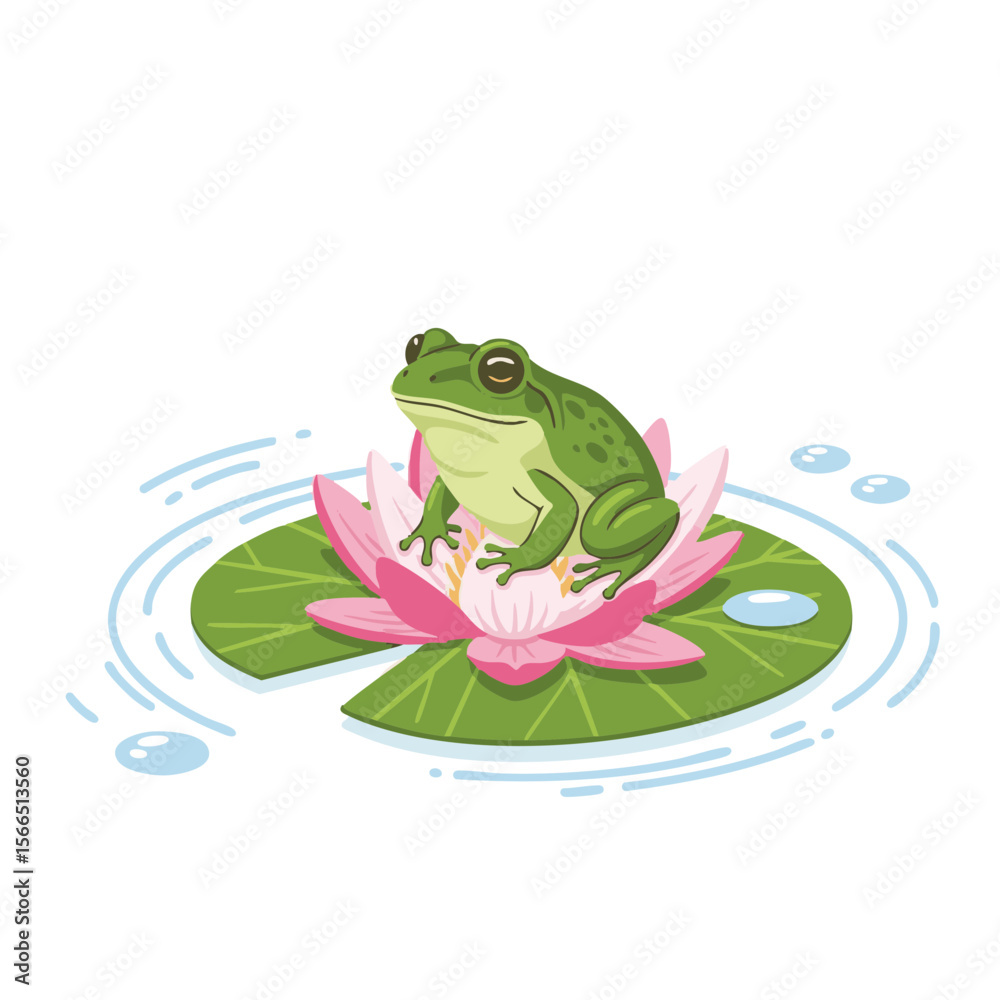 Naklejka premium Green Frog on Blooming Pink Lily Pad with Water Ripples, Flat Vector