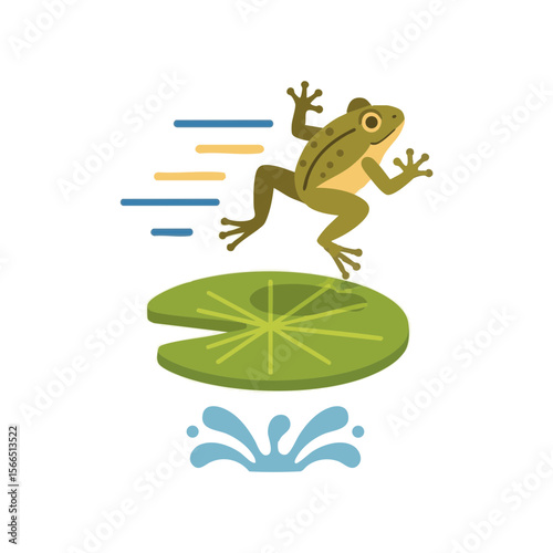 Jumping Frog Over Lily Pad with Splash and Motion Lines, Flat Icon