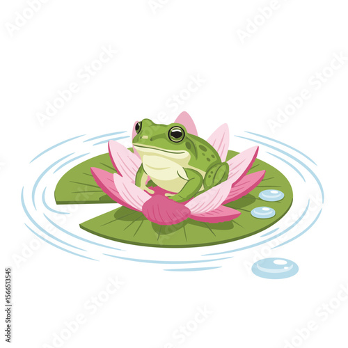 Green Frog on Blooming Pink Lily Pad with Water Ripples, Flat Vector