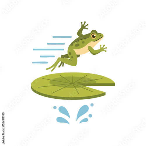 Jumping Frog Over Lily Pad with Splash and Motion Lines, Flat Icon