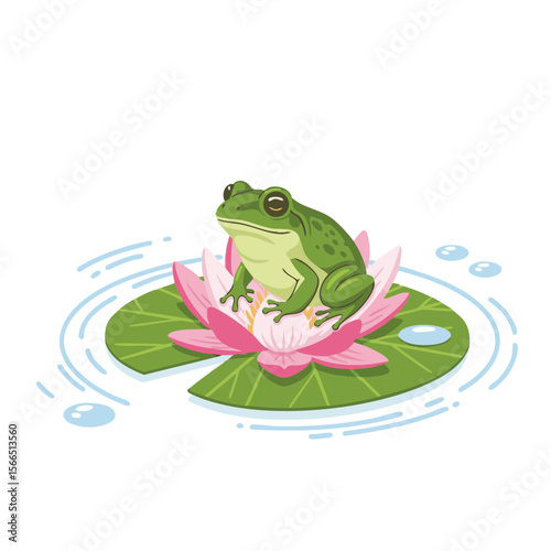 Green Frog on Blooming Pink Lily Pad with Water Ripples, Flat Vector