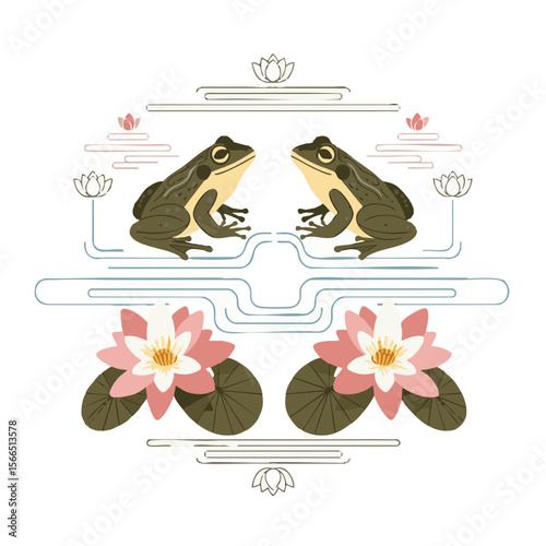 Frog and Lily in Symmetrical Arrangement with Water Lines, Flat Natural Icon