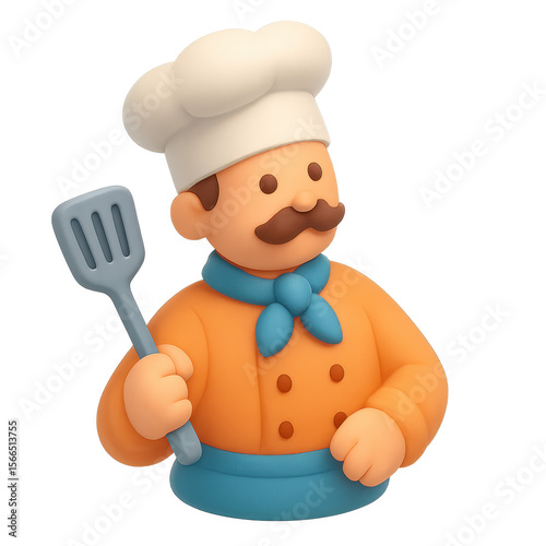 Cartoon Chef Holding Spatula Wearing Uniform and Chef Hat 3D Render.