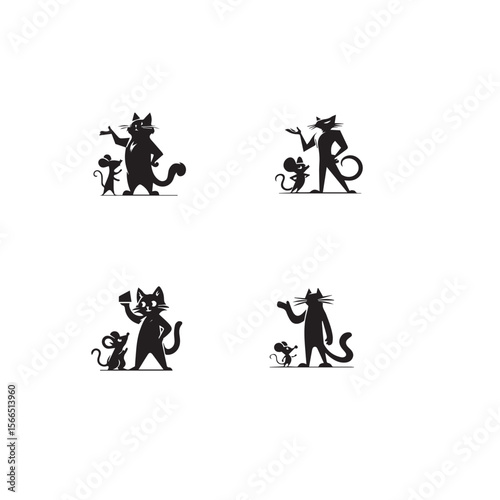 Silhouette of Cartoon Cat mouse on clean vector