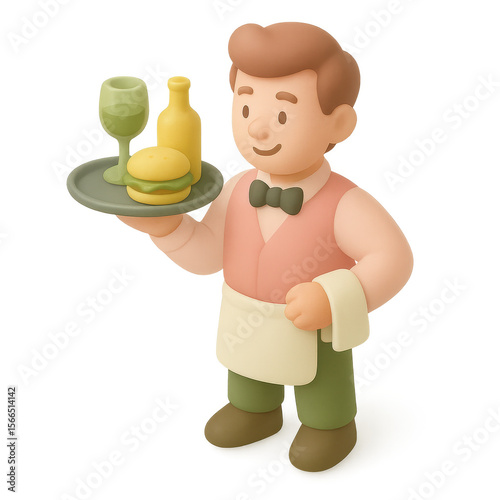 Cartoon Waiter Holding Tray with Burger Drink and Bottle Illustration.