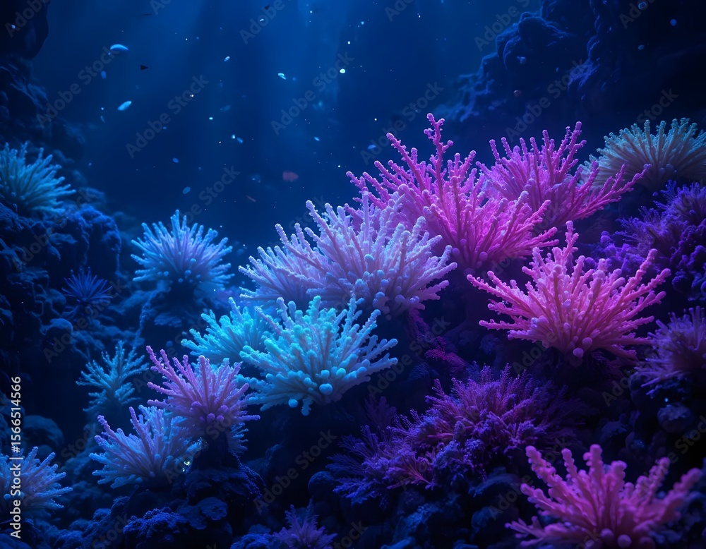 Obraz premium A vibrant underwater scene showcasing colorful coral formations in a dark blue ocean environment