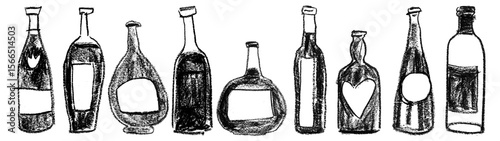 Εκτύπωση καμβά Set of vintage bottle silhouettes hand-drawn with wax crayons – rustic black and white sketch style illustration for packaging, bar menus, branding, and design projects
