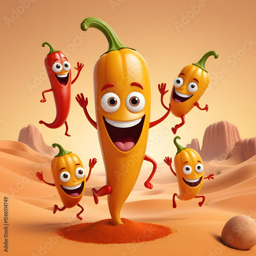 Indian spices. Happy cartoon yellow chili pepper surrounded by dancing chili pepper characters in a desert