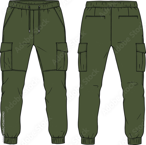 cad drawing flat vector illustration, cargo jogger pants technical sketch, men’s utility wear template, fashion design clothing apparel vector