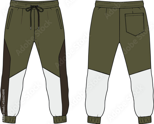cad drawing flat vector illustration, color block jogger pants technical sketch, fashion design apparel template, menswear sportswear cad