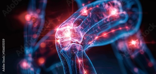 A digital illustration of a human knee joint, highlighting pain points and anatomical structures with glowing effects.