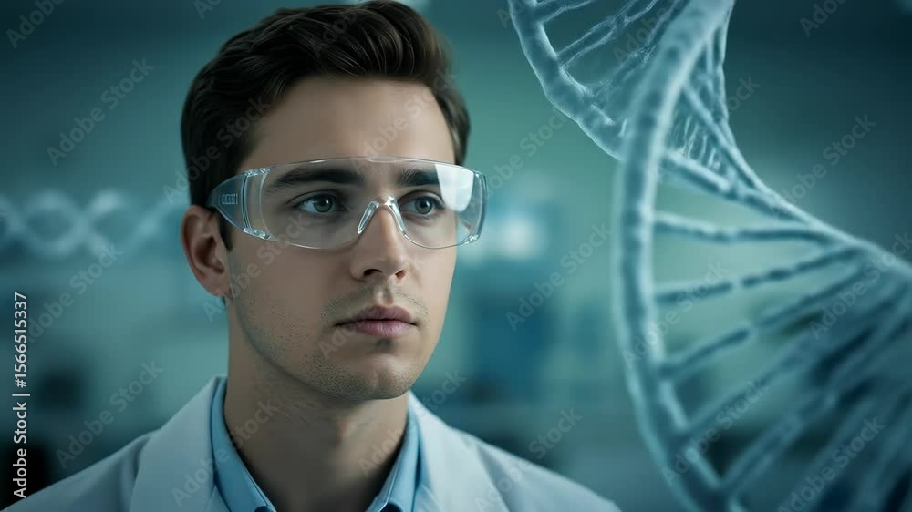 Genetics Researcher: A White man in his 30s wearing safety goggles in a laboratory, analyzing a DNA double helix model for breakthrough discoveries. Genetics Researcher: A White man in his 30s wearing safety goggles in a laboratory, analyzing a DNA double helix model for breakthrough discoveries.
