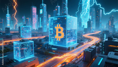 Futuristic cityscape with glowing Bitcoin symbols and digital highways, representing cryptocurrency, blockchain technology, and innovation in a high-tech urban environment.