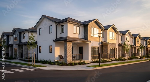 Modern townhouses at sunset in a new suburban real estate development. A row of residential homes with contemporary architecture on a quiet street corner with fresh landscaping.