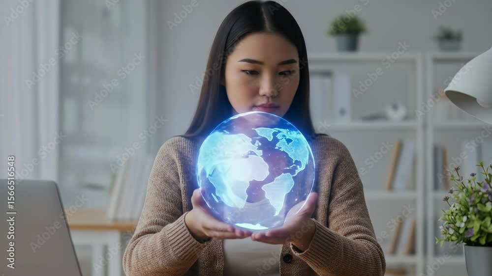 Global Innovation: Asian woman in her 20s visualizing the future with a glowing Earth hologram at her desk. Global Innovation: Asian woman in her 20s visualizing the future with a glowing Earth hologram at her desk.