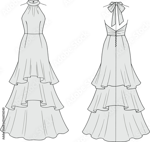 Evening tiered gown fashion sketch, back bow halter dress design, CAD fashion illustration, flat vector drawing, women’s dress template