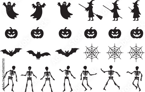 Halloween ghosts pumpkins witches bats skeletons and spiderwebs vector