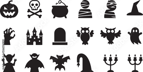 Halloween icons spooky creatures and objects pumpkin skull