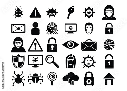Cyber Security & Digital Protection Icons, Hacking, Virus, Privacy Vector