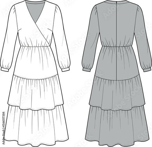 Tiered long sleeve V-neck midi dress fashion flat sketch, front and back CAD technical drawing, vector garment design template