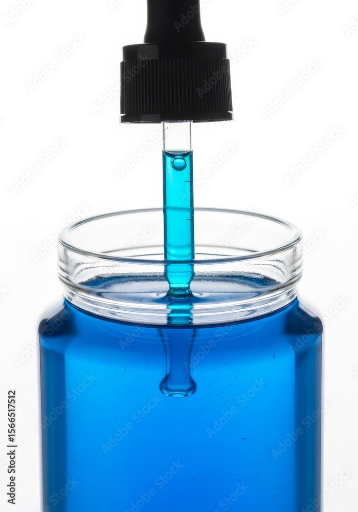 Blue Liquid in Glass Jar with Dropper - A close-up shot of a glass jar filled with vibrant blue liquid. A dropper dispenses more liquid, symbolizing precision, purity, science, health, and care Blue Liquid in Glass Jar with Dropper - A close-up shot of a glass jar filled with vibrant blue liquid. A dropper dispenses more liquid, symbolizing precision, purity, science, health, and care
