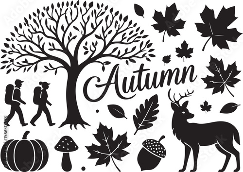 Autumn tree hikers deer pumpkin mushroom acorn maple leaves fall season
