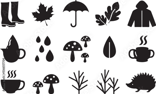 Autumnal elements including boots leaves umbrella jacket mushrooms and hedgehog fall