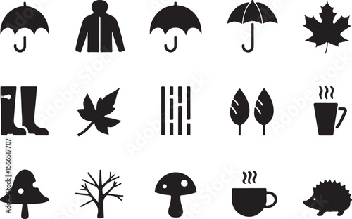 Autumnal icons including umbrellas leaves boots jacket and hot drinks fall season