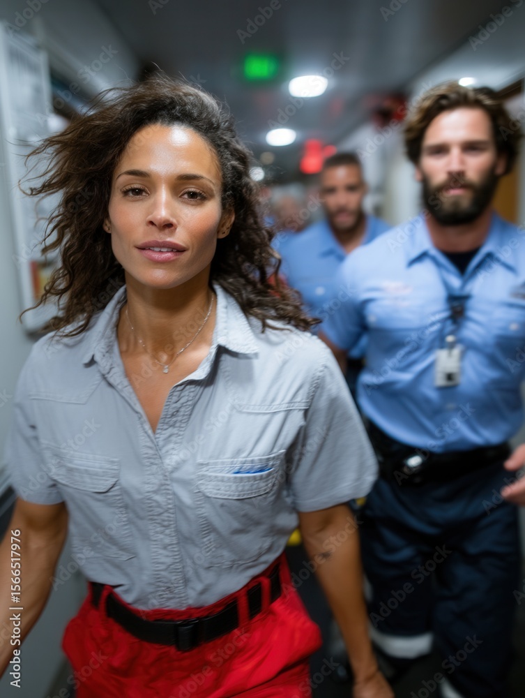 Obraz premium Emergency Response Team Leaders Walking Down Hospital Corridor with Focus on Female Leader
