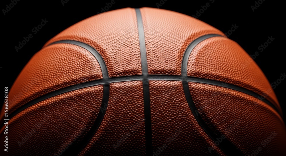 Fototapeta premium Close-Up of a Basketball - A detailed close-up shot of an orange basketball against a black background. It symbolizes competition, teamwork, skill, athleticism, and victory