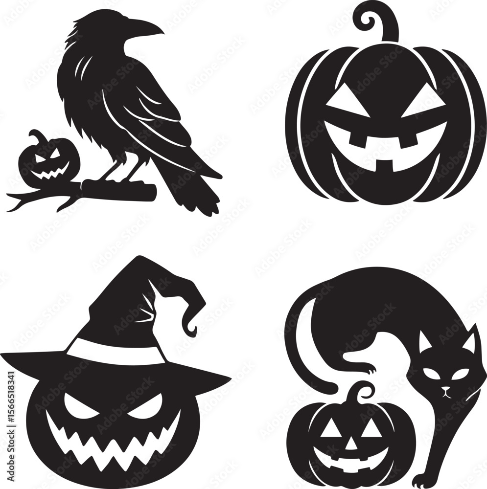 Obraz premium Black Halloween icons raven pumpkin witch hat cat crow jack o lantern