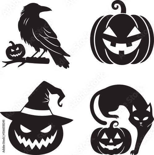 Black Halloween icons raven pumpkin witch hat cat crow jack o lantern