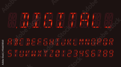 Vibrant red digital vector font set with numbers and letters, ideal for retro tech designs