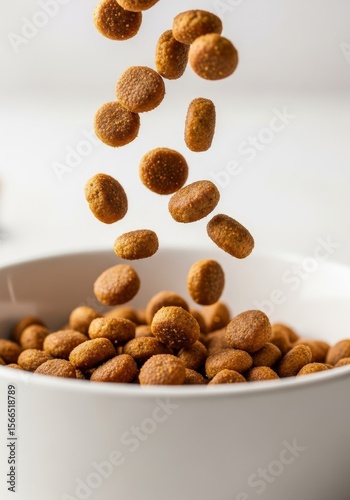 Crunchy Pet Food Falling into Bowl - Delicious crunchy pet food kibble falling into a white bowl, symbolizing nutrition, health, care, happiness, and companionship for pets