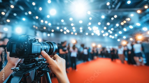 Red carpet event filming, camera, tripod, lights, crowd