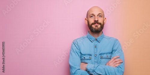 Confident Man with Beard in Denim Shirt Against Colorful Background
