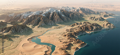 Aerial View of a Mountainous Desert Region with a Winding River and Coastal Waters