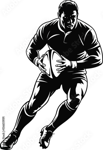 Rugby player running with ball in black and white illustration style