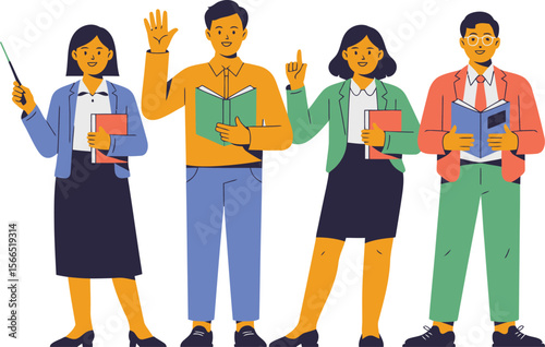 Diverse group of teachers holding books and pointing with a pointer stick