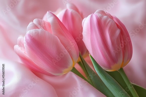 Three soft pink tulips rest on matching fabric. Perfect for Valentine's, spring, or feminine designs.