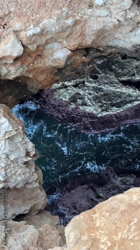 Aerial View of Sea Waves Hitting Rocky Coastline