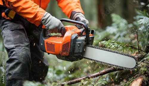 Wallpaper Mural A person wearing protective gloves and an orange jacket uses a chainsaw to cut a fallen tree branch in a forest. Torontodigital.ca