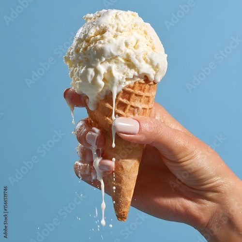 A close-up of a hand holding a melting ice cream cone against a light blue background