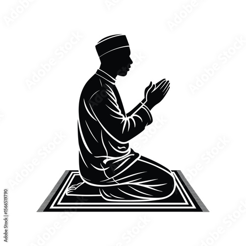 A black and white silhouette illustration of a person in a prayer pose sitting on a prayer mat