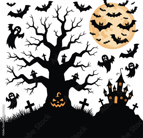 Spooky halloween scene with haunted house bats ghosts and jack o lantern under a full moon